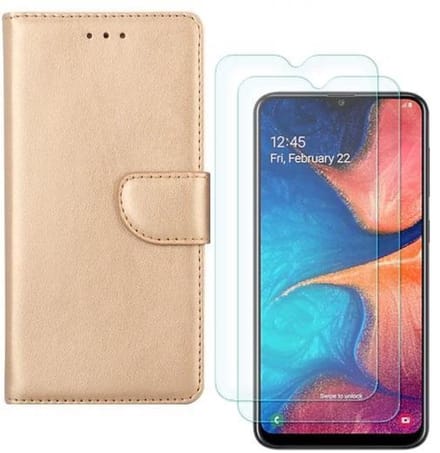 hoesje Geschikt voor: Samsung Galaxy A20E Portemonnee Goud met 2 stuks Glas Screen protector
