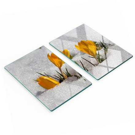 Keukenplanken van gehard glas met afbeelding van krokussen in de sneeuw, 2x40x52 cm