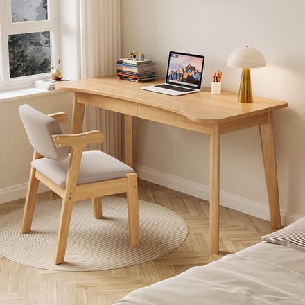 Massief Eiken Bureau - Schrijftafel Lade - Thuiswerken Organiseren - Gebogen Blad Design - 31 Inch - Naturel