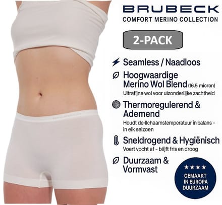 Brubeck Dames Boxershort – Merino Wol Blend Naadloos Ondergoed – 2 PACK - Crème – Maat M