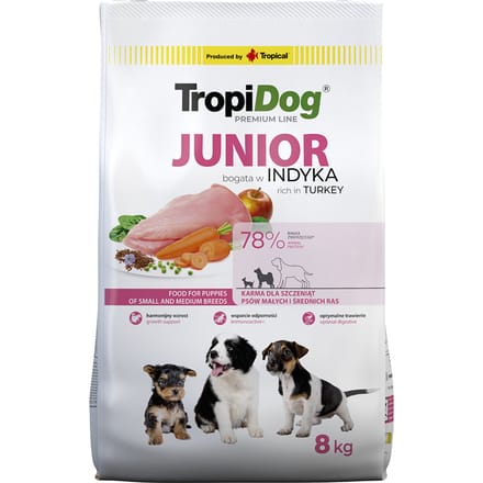 2x8kg Tropidog Premium Junior Small & Medium Droogvoer met kalkoen en rijst