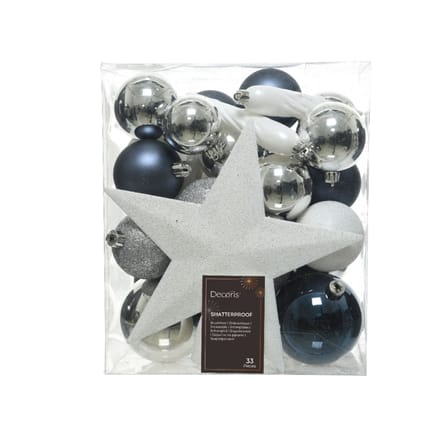 Decoris kerstballen set - 34-dlg - blauw/wit/zilver - incl. piek - kunststof - kerstversiering
