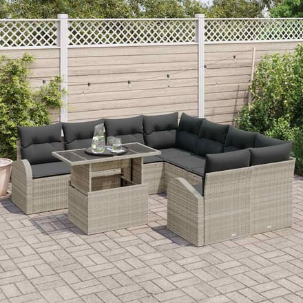 vidaXL Tuinbank Set met kussen met opslag 9 pcs Lichtgrijs Poly Riet