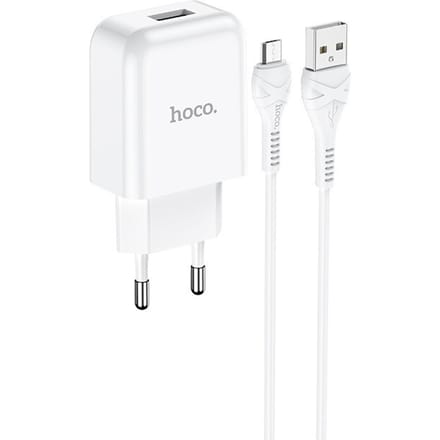 HOCO N2 Vigour - Compacte USB Oplader - Reislader - EU Plug - Universele 10W Lader + USB naar Micro-USB Kabel - Voor Samsung, Huawei, Android, etc. - Wit