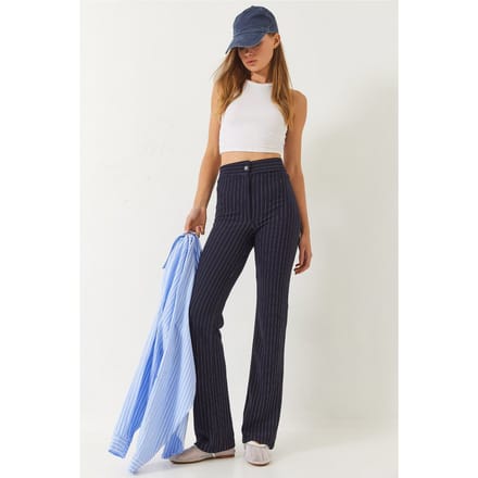 Hoge Taille Gestreepte Flared Broek met Strik