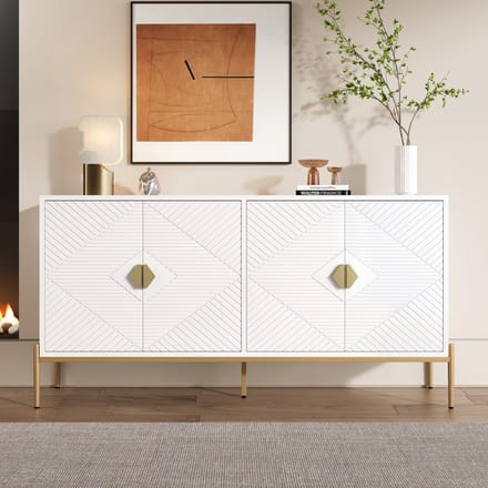 MODFU - Dressoir Met 4 Deuren En Geometrisch Reliëf - Mid-Century Modern - MDF En Spaanplaat - Wit - 162 X 40 X 80 Cm