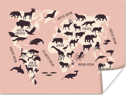 Poster - Wereldkaart - Dieren - Roze - 40x30 cm