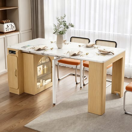 Sweiko Uitschuifbare Eettafel - Keukeneiland - Dressoir - LED-verlichting - Met stopcontacten - Marmerlook - Wit + Naturel