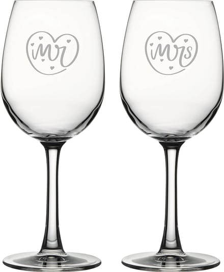 Gegraveerde set witte wijnglazen 36cl Mr. In hartje - Mrs. In hartje