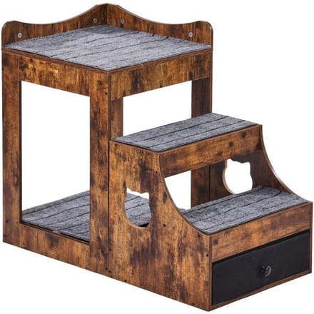 Lit superposé pour animaux de compagnie avec escalier Perchoir pour chien/chat avec fenêtre et rangement Intérieur Marron