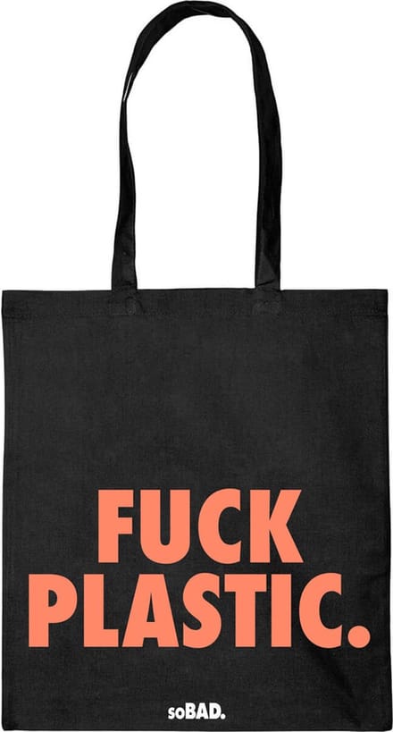 Draagtas Fuck plastic - fluor oranje - katoenen tas - soBAD. - met leuke grappige tekst