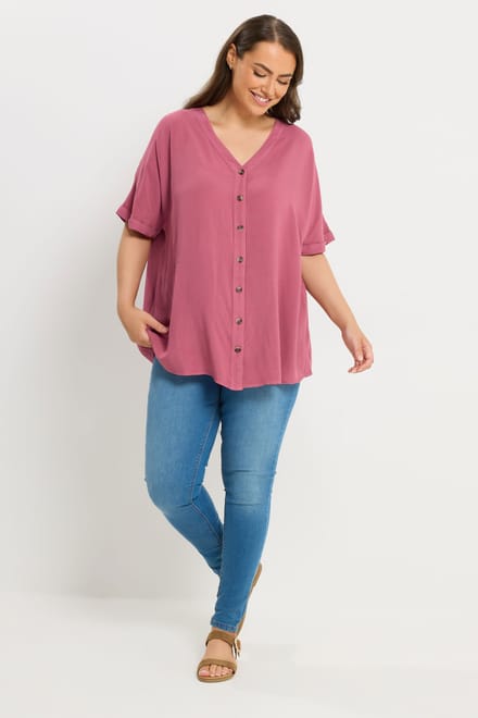 Yours Rode Chambray Blouse Met Knoopsluiting Size 62-64