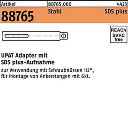 UPAT adapter R 88765, SDS-PLUS 1/2VK, staal, hamerbooradapter, 1 stuk