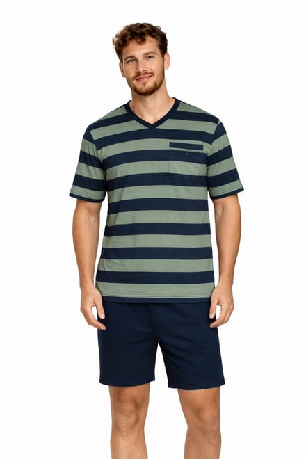 Conte - Heren Shortama – Gestreept Groen/Blauw – 100% Katoen - Maat M