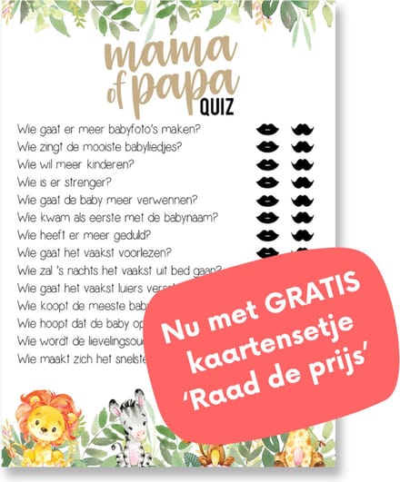 Babyshower spelletjes – Mama of papa quiz - GRATIS Raad-de-prijs invulkaarten - 20 stuks A6 formaat - Babyshower