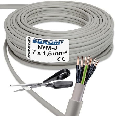 Installatiekabel NYM-J 7x1,5 mm² grijs per meter voor vaste installatie