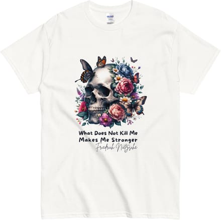 Inspirerend Tshirt met Doodshoofd en Vlinders - Quote: Makes me Stronger - Vrouwen en Mannen - Wit - M