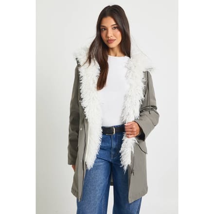 boohoo Dames Parka met bontvoering | Sage | Maat: 12