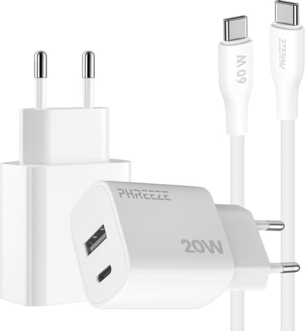 Phreeze usb C adapter 20w met usb C naar usb C kabel 1 meter - Snellader met 2 poorten Quick Charge en Power Delivery oplader
