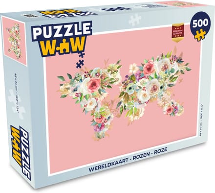 Puzzel Wereldkaart - Rozen - Roze - Legpuzzel - Puzzel 500 stukjes