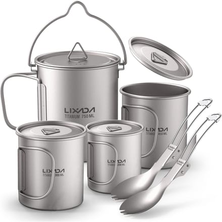 Ensemble léger de 6 pièces en Ti, pot de 750 ml, gobelet d'eau de 450 ml, 350 ml et 200 ml avec couvercle pliable 6pcs gray