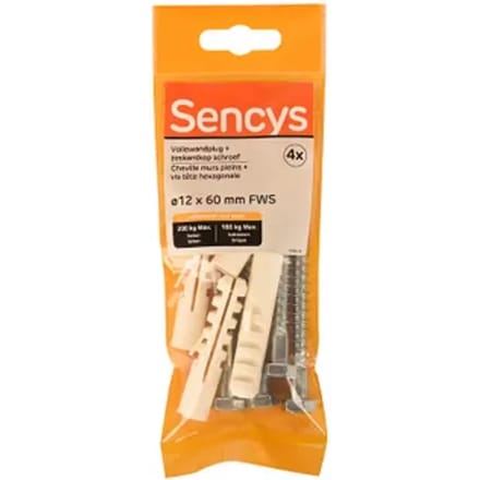 Sencys Plug Voor Beton Staal - Diam. 12x60mm - 4 Stuks