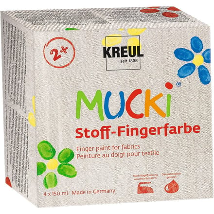 Mucki textiel vingerverf - 4 x 150 ml vingerverf voor textiel - kleuren geel, rood, blauw & groen