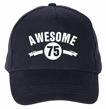 Mijncadeautje - 5 panel - Cap - Verstelbaar - Pet van 100% dik geborsteld katoen- unisex - opdruk wit - Awesome 75 jaar - navy blauw
