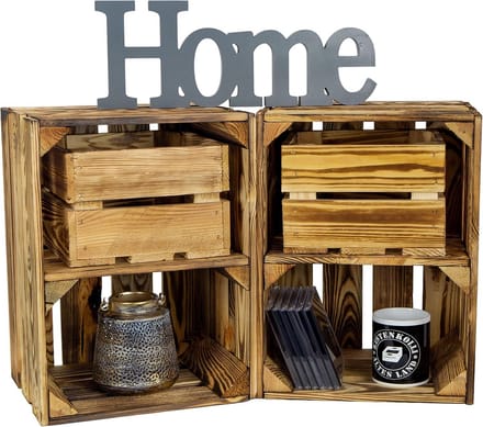 Set van 2 Gevlamde Houten Opbergkisten 40x30x25 cm Houtkratten Multipurpose