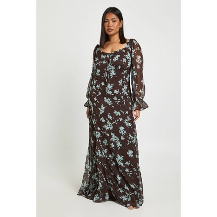 boohoo Dames Plus Floral Chiffon Melkmeisje Maxi-jurk | Chocolate | Maat: 18