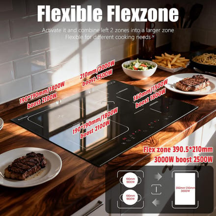 Inductiekookplaat 4 Zones met Flexzone en Touchscreen - 60 cm - Veiligheidsvergrendeling en Timer