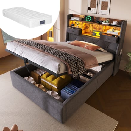 MODFU Eenpersoonsbed – 90x200 cm – Met opbergruimte & LED – Retro – Grijs linnen