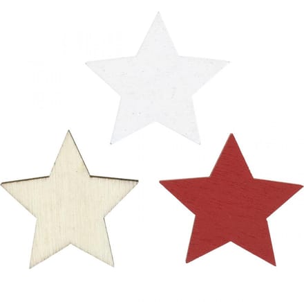 Strooidecoratie houten sterren naturel, rood, wit 3cm mix 72 st, 72 St