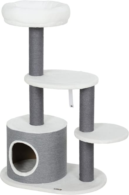 Killogood Krabpaal met 1 kattehol - 1 kattebed - 2 platformen en jute-touwpalen - wit-grijs