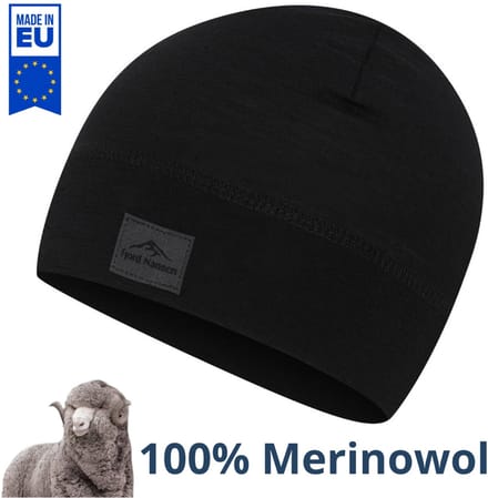 Fjord Nansen muts 100% Merinowol - one size - zwart - made in EU
