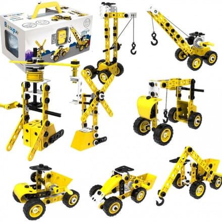 Playos® - Bouwset 8 in 1 - Geel - Bouwvoertuigen - 100 delig - Constructiespeelgoed - Bouwen - Educatief