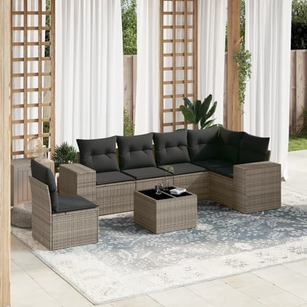 vidaXL - 7-delige - Loungeset - met - kussens - poly - rattan - grijs