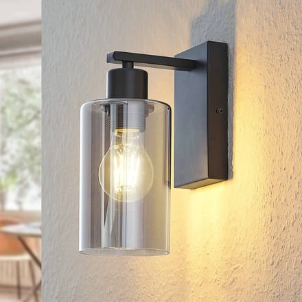 Lindby - wandlamp - 1licht - Ijzer, glas - H: 23 cm - E27 - zwart, rookgrijs