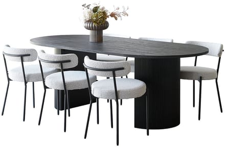 Kyoto eethoek eettafel 100x210cm donkerbruin en 6 stoelen bouclé wit.