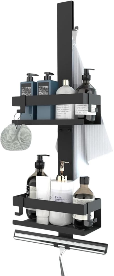 KAD® Doucherek - 2 Planken - Doucherek Zonder Boren - Doucherek Hangend - Zwart - 10cm x 23cm x 66cm