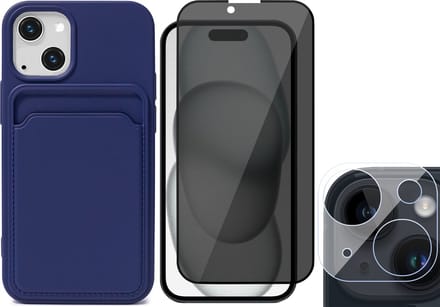 Hoesje Pasjeshouder geschikt voor iPhone 15 Plus - Privacy Screenprotector FullGuard + Camera Lens Screen Protector - Siliconen Case Back Cover Blauw