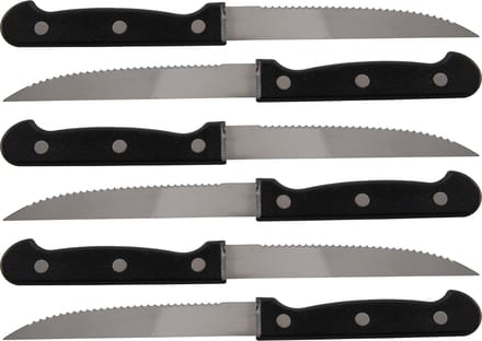 Excellent Houseware scherpe Steakmessen - 6x stuks - RVS - 21,5 cm - bestek - zwart/zilver