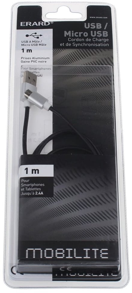 ERARD - Micro USB M / USB M - 2.4A - 1m (prises Alu) - 722405