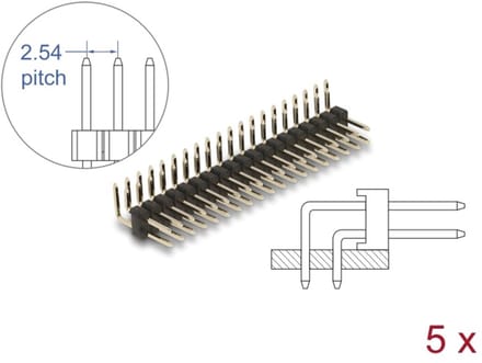 Delock Pin header 20 pin, pitch 2.54 mm, 2-row, angled, 5 pieces