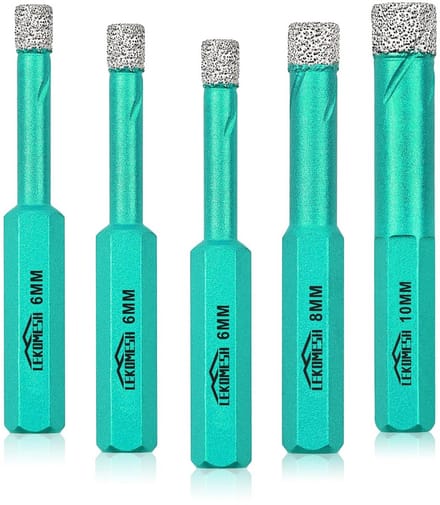 Diamond Drill Bit Crown, LEKOMESH Tile Drill Bit Set, 5 Pieces, 6/6/6/8/10 mm, Hex Shank, Porcelain Tiles, Drill Bit for Ceramic, Marble, Granite, Stone, Quartz, Vacuum Brazed