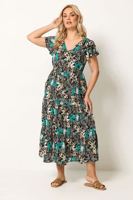Yours Zwarte En Groene Bloemenprint Smockjurk Size 44