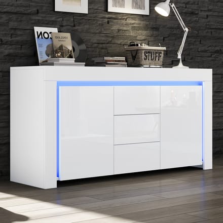 Sweiko Dressoir - 3 lades - 140*40*65 cm - Hoogglans - LED-verlichting - Wit