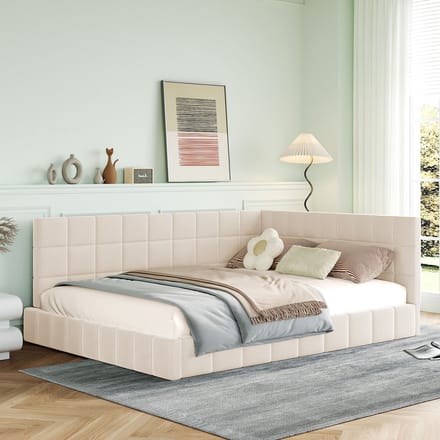 REDOM Bedframe 140x200 cm – Fluweel beige – Mid-century modern – Multifunctioneel met lattenbodem
