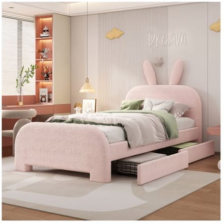 Lit enfant - MUVOE - 90x200cm - Laine d'agneau - Tiroirs de rangement - Design lapin rose