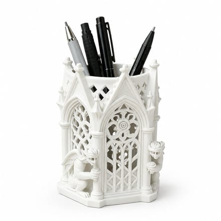 Markerhouder - wit PLA - 3D-geprinte gotische kerk - bureauopberger en decoratie